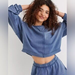 Blue Gray Collared Boho Top Sweatshirt S